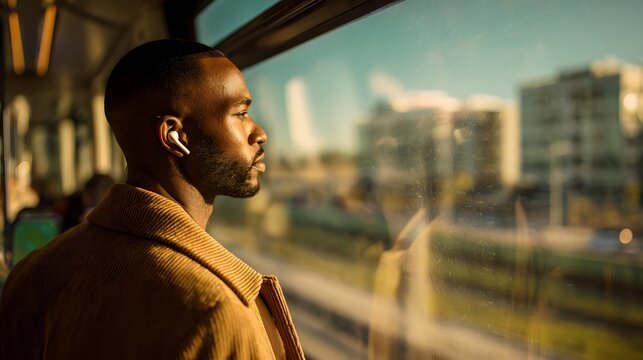 A young African American man in his 30s is listening to music with earphones in a bus. Short hair, wearing a tailored coat, and wireless earbuds. Looking out the window of a driverless electric bus. - Powered by Adobe