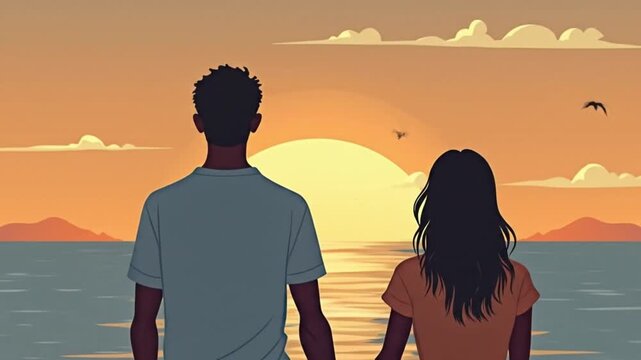Couple watching sunset together by the ocean in warm colors  