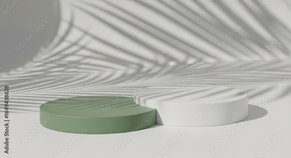 Aufkleber minimalist product display featuring two round pedestals in green and white with palm leaf shadows f