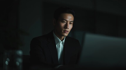 Asian Businessman Focused Work in Modern Office, Business Strategy, Professional Dedication, Career Goals and Corporate Success in a Contemporary Workspace