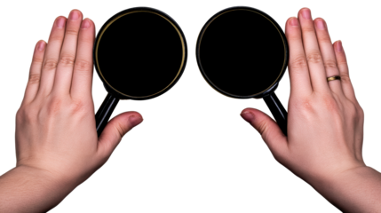 Hands holding magnifying glasses over isolated white background, cut out transparent