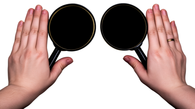 Hands holding magnifying glasses over isolated white background, cut out transparent