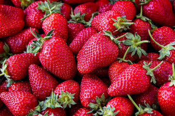 Freshly picked strawberries arranged in a vibrant display at a local market during the summer harvest season