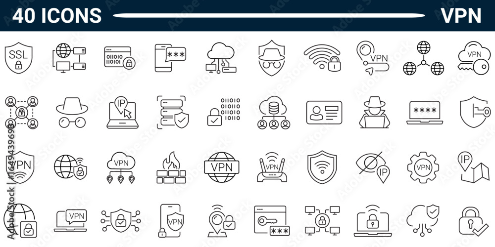 Poster vpn or virtual private network outline style icon set with editable stroke. vector illustration.