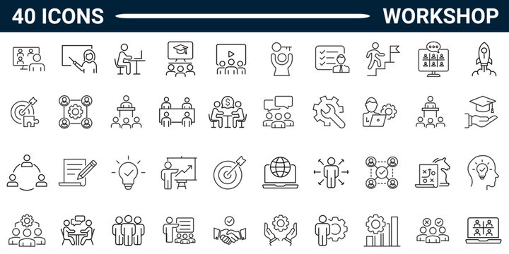Workshop outline style icon set with editable stroke. Vector Illustration. 