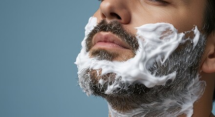 Man's Face with Shaving Foam. Close-up of Grooming Routine