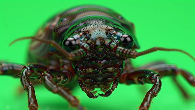 Macro Close-Up of Intricate Insectoid Creature with Detailed Compound Eyes and Textured Exoskeleton on Vibrant Green Background