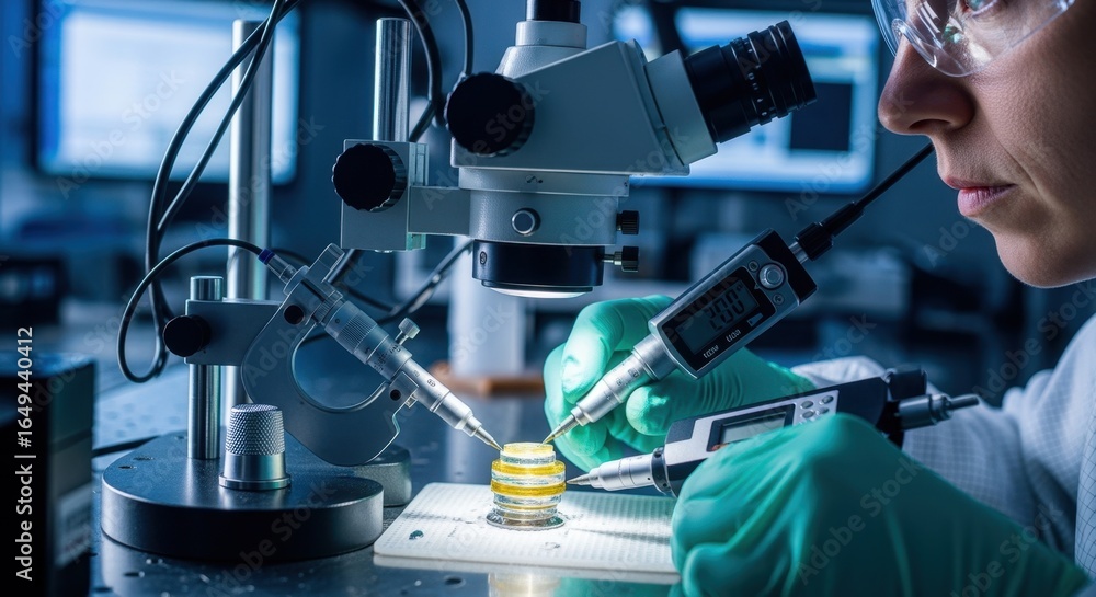 Poster closeup of a scientist performing manual alignment of fusion fuel pellet layers using micrometer ins