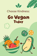Go Vegan Today motivational poster with cartoon fruits illustration
