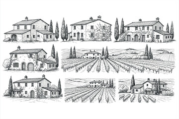 Obraz premium Tuscan Villas and Vineyards Sketches
