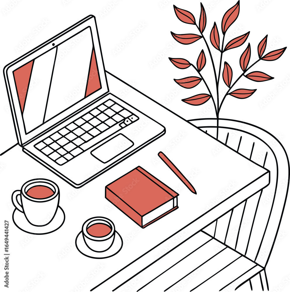 Poster an illustration of a notebook and pen with a computer for online business and communication