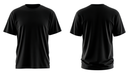 Front and Back View of a Black Crew Neck T-Shirt Displayed Flat, cut out transparent