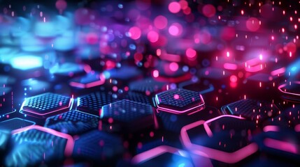 Obraz premium Futuristic neon spheres connected by glowing lines on a dark reflective surface.