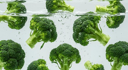 Fresh green broccoli crowns floating underwater with bubbles against neutral background, healthy organic vegetable washing photography for culinary and wellness applications