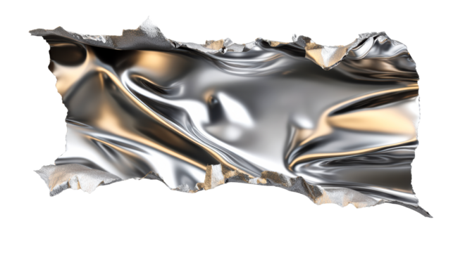 Torn metallic foil with rippled surface and rough edges isolated on white, cut out transparent