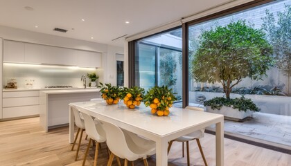 Fototapeta premium Modern kitchen with a patio garden, showcasing a bright and airy space.