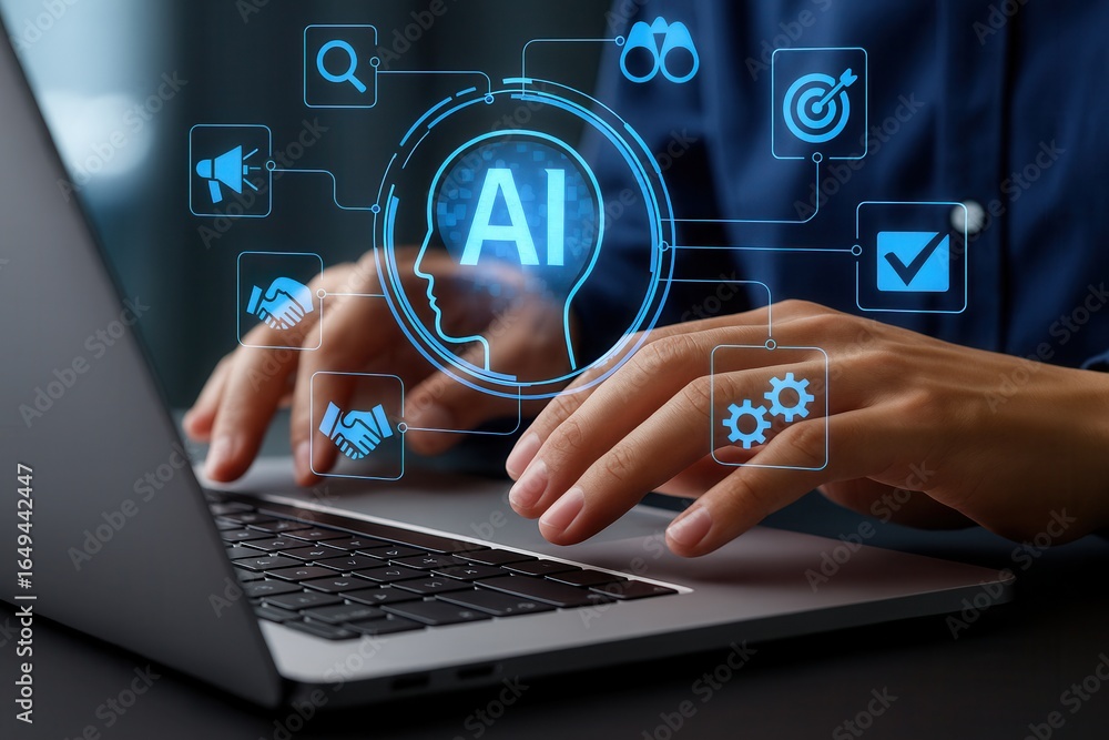 Poster ai technology interface with digital brain profile on screen,innovation in artificial intelligence,d