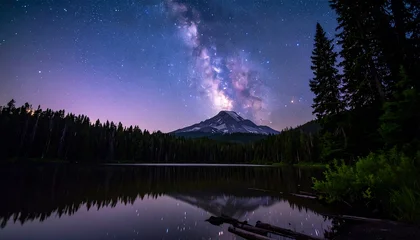 Poster Reflectie Majestic mountain reflected in a tranquil lake under a starry night sky.  © jakiyo