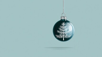 Christmas ornament with white tree design, green glass bauble hanging on silver chain against light blue background, minimalist elegant decor for wallpaper and poster