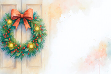 Christmas wreath on door with festive decoration in watercolor style for greeting cards and print design
