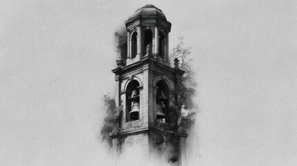 A grayscale drawing of a bell tower