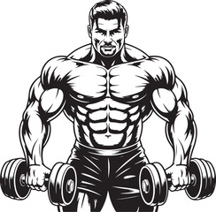 Fototapeta premium Muscular bodybuilder man with dumbbells in black and white bodybuilding male