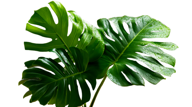 Large wet Monstera leaves with water droplets on a transparent background, cut out transparent