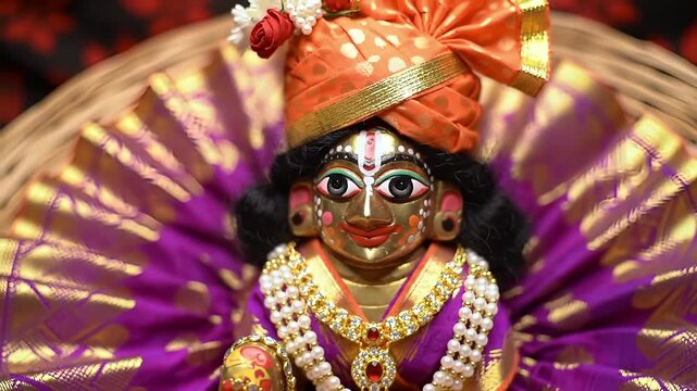 laddu gopal or lord krishna golden idol sitting in bamboo basket with flute closeup shot