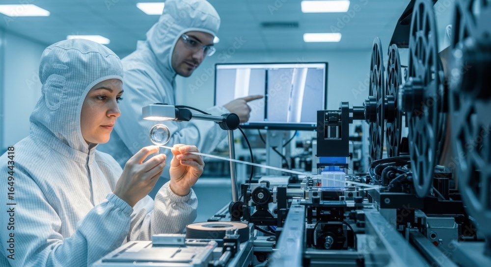 Poster technicians inspecting slit edges of ultrathin superconducting tapes at the output stage of a stateo