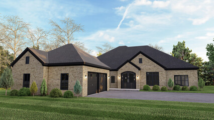 Photorealistic 3D Render of a Modern Suburban Brick House with Black Roof, Double Garage, and Front Lawn Landscape in Daylight Setting  