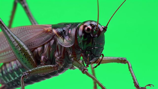 Macro shot of a large cricket or katydid insect isolated on a bright green screen background for easy keying