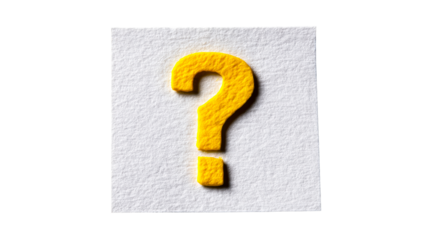 Yellow textured question mark symbol on a white textured surface, cut out transparent