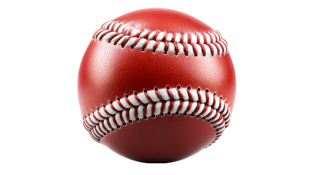 Close up of a red baseball with white stitching on a white background, cut out transparent