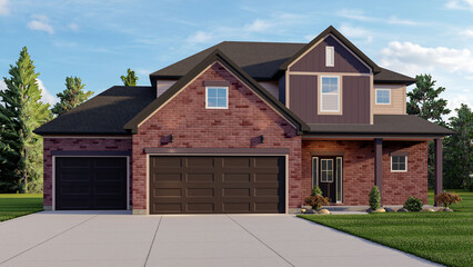 High-Resolution 3D Architectural Exterior Rendering of a Two-Story Red Brick Suburban House with Triple Garage, Covered Entry Porch, and Front Lawn – Realistic Visualization  