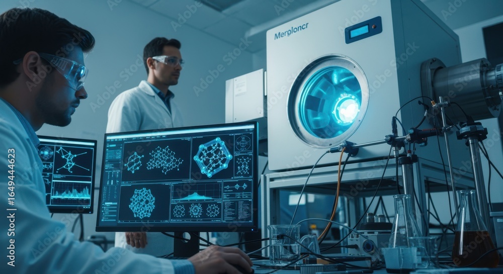 Poster scientists analyzing crystal growth progress on computer monitors adjacent to a deepultraviolet lase