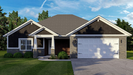 Photorealistic 3D Exterior Rendering of a Modern Single-Story House with Dark Siding, Stone Accents, and White Garage Door – Real Estate Visualization and Architectural Design  