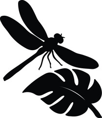 Illustrator Dragonfly and tropical leaf dark shape flat design Silhouette vector