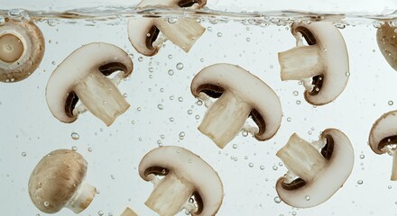 Fresh white button mushrooms sliced and whole floating underwater with bubbles, raw champignon fungi for cooking and food preparation photography