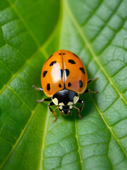 Obraz premium Ladybug pupa on a green leaf, top view.