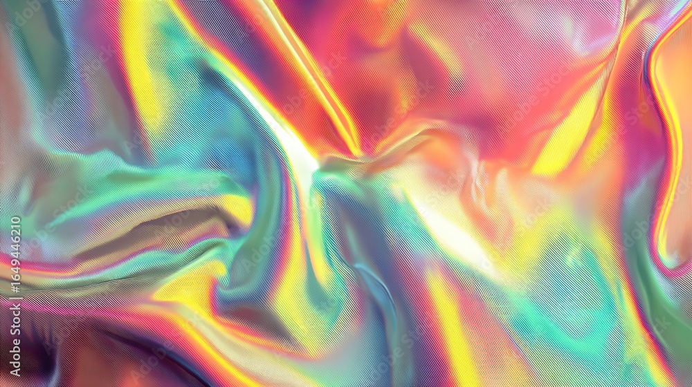 Poster iridescent holographic foil texture with wavy folds and bright colorful spectrum of light and reflec