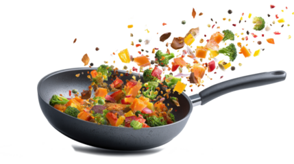 frying pan tossing colorful vegetables and spices into the air, food splash explosion isolated on a white background