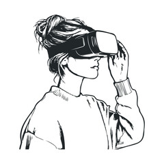 Fototapeta premium Young caucasian female experiencing virtual reality with headset