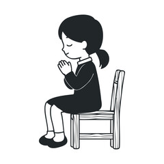 Fototapeta premium Cartoon young asian girl praying seated on chair in black and white illustration
