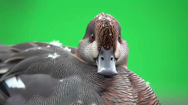 Close-up portrait of a wild duck with intricate feather patterns against a vibrant green background, animal photography