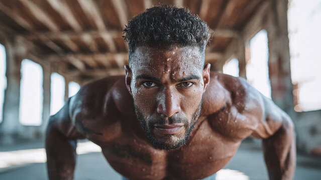 A determined man doing push-ups on a dusty warehouse floor, beams of sunlight piercing broken windows, highlighting exposed brick walls and steel beams in the moody abandoned space.