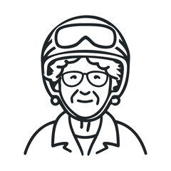 Fototapeta premium Elderly caucasian female biker with helmet and glasses - line art illustration