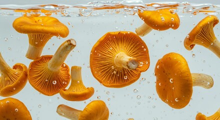 Fototapeta premium Golden chanterelle mushrooms floating underwater showing detailed gills and water droplets, premium wild fungi for professional food photography