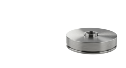 Sleek, futuristic abstract circular metallic element crafted from brushed silver on a transparent studio surface with copy space, concept of technological elegance