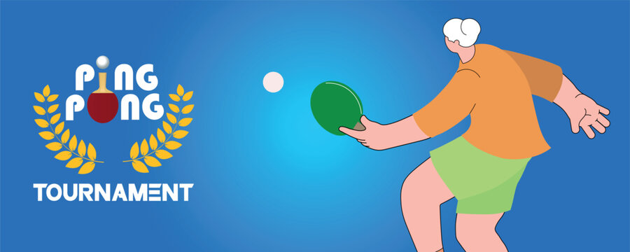 Elderly woman playing ping pong, active old age concept, healthy lifestyle, vector illustration poster of table tennis competition. Woman with gray hair playing team sport, fitness in retirement. - Powered by Adobe