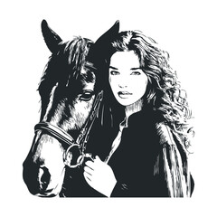 Fototapeta premium Young caucasian female with horse in black and white illustration